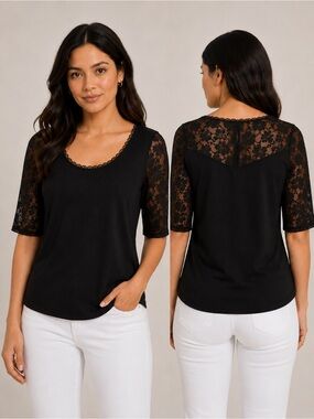 Mr Max - Black Lace Sleeve/ Yoke Short Sleeve Top -SzXS